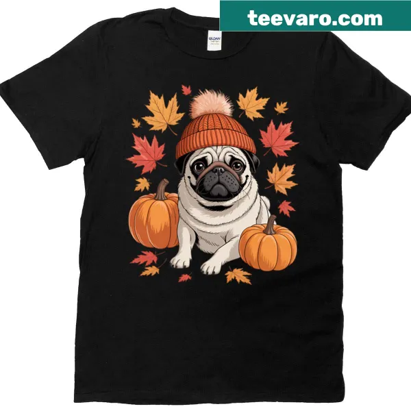 Cartoon t-shirt for dog lovers featuring autumn leaves and playful dogs