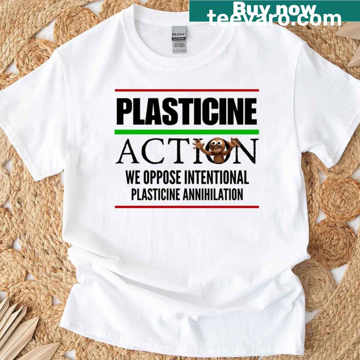 Humorous plasticine character graphic T-shirt — on a men's t-shirt