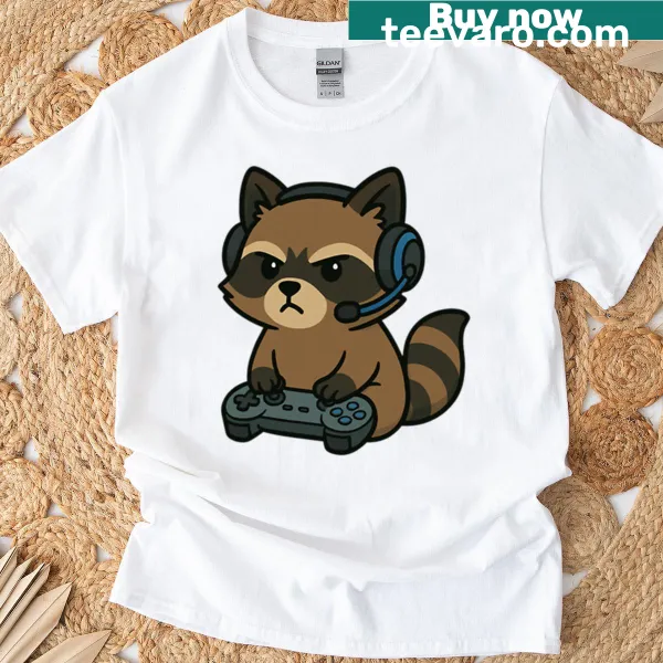 Kids T-shirt with a funny raccoon playing video games design