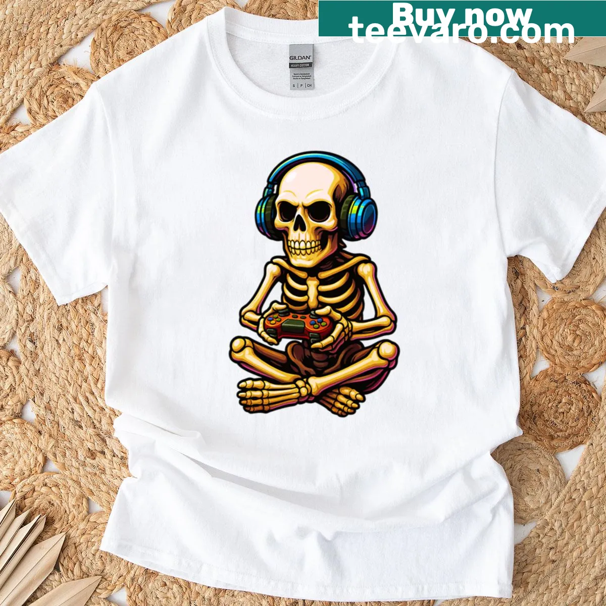 Skeleton gamer T-shirt featuring Halloween-themed video game design — on a men's t-shirt