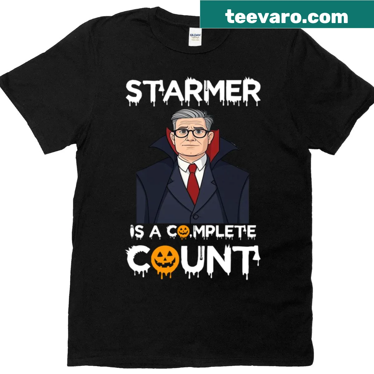 Halloween t-shirt featuring a political parody Dracula design. — on a men's t-shirt