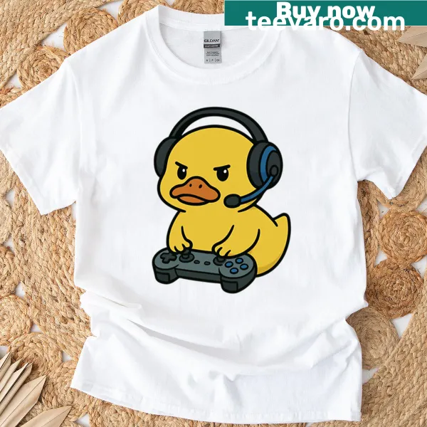 Kids T-shirt featuring a funny yellow duck playing video games