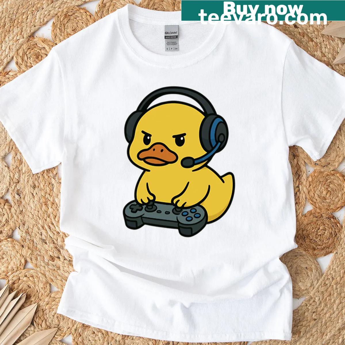 Kids T-shirt featuring a funny yellow duck playing video games — on a men's t-shirt