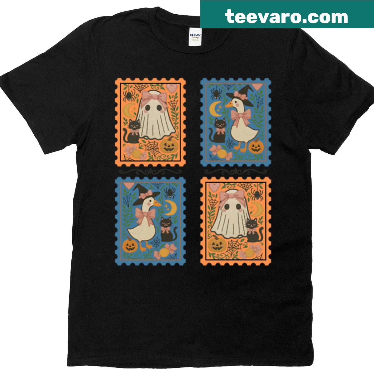 Halloween t-shirt featuring an embroidered ghost goose illustration — on a men's t-shirt