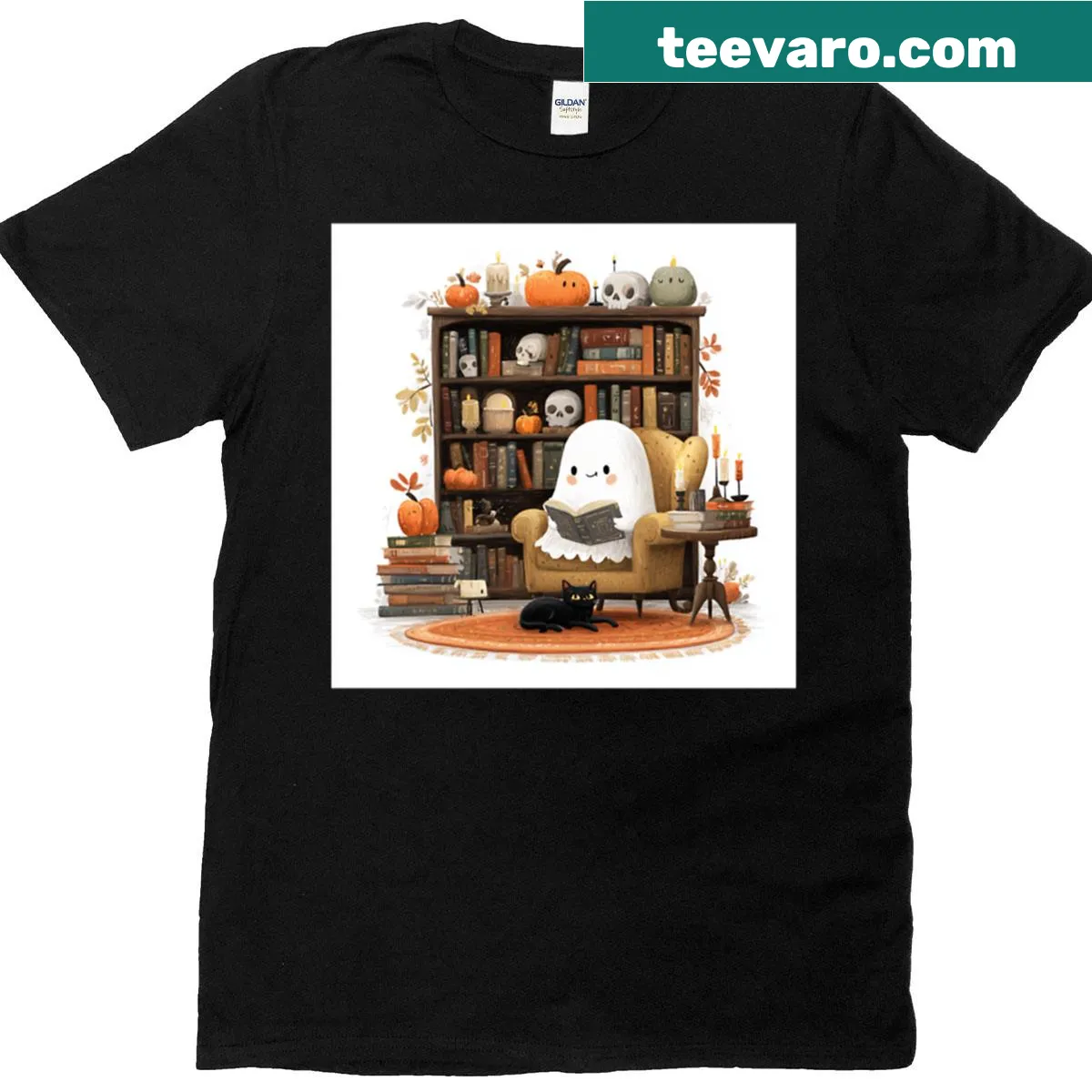 Oversized t-shirt featuring a ghost reading a book in a whimsical style — on a men's t-shirt