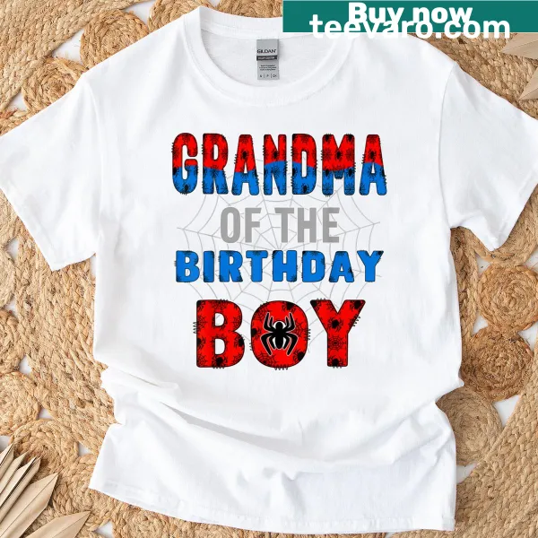 T-shirt for grandmas with 'Grandma Of The Birthday Boy' and spider web design