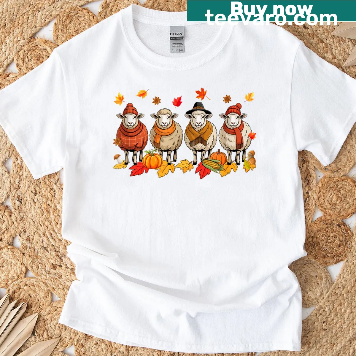 Thanksgiving T-shirt featuring sheep and autumn leaves illustration. — on a men's t-shirt