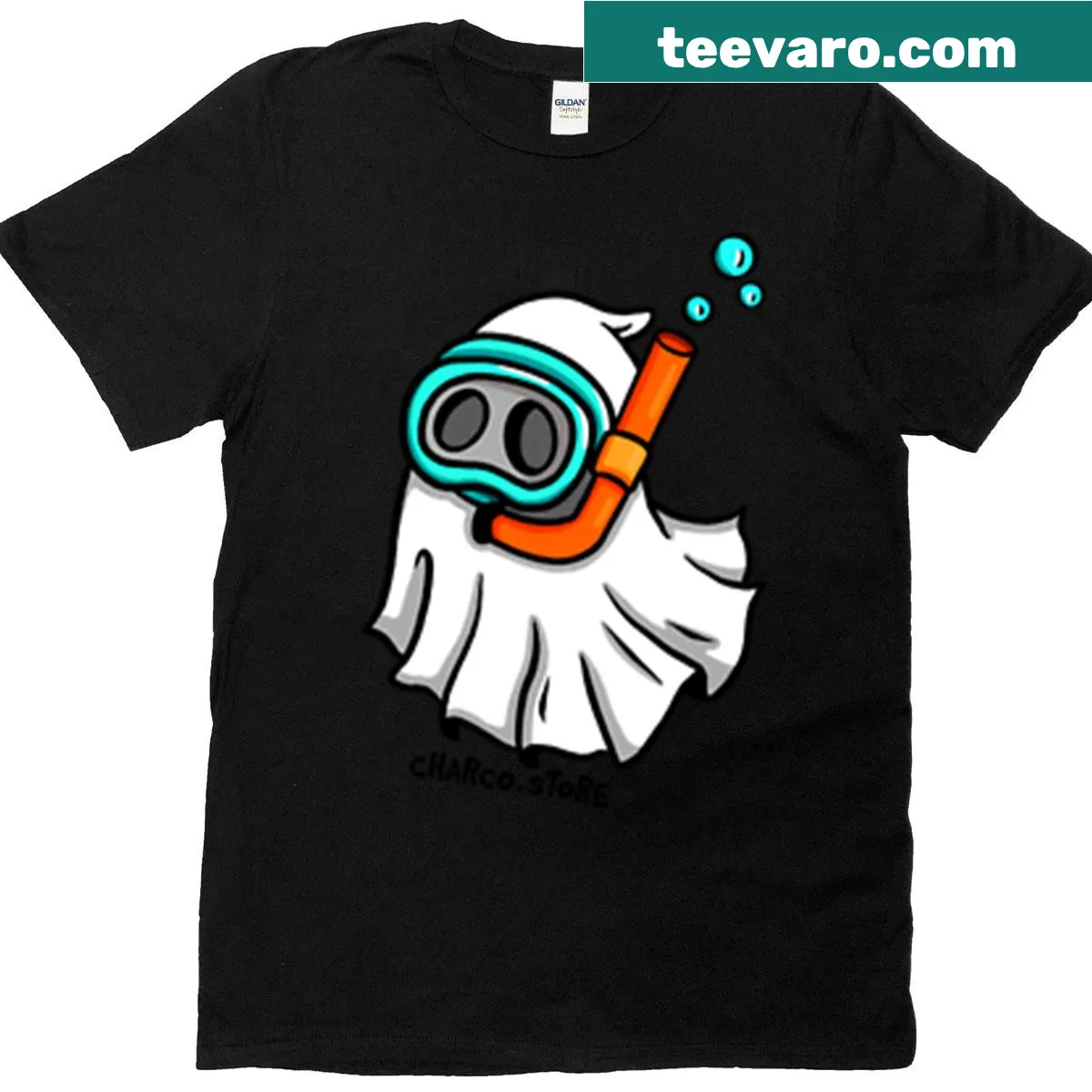 Funny scuba diver ghost graphic on Halloween t-shirt — on a men's t-shirt