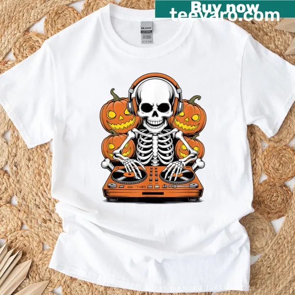 Halloween-themed T-shirt featuring a skeleton DJ spinning music