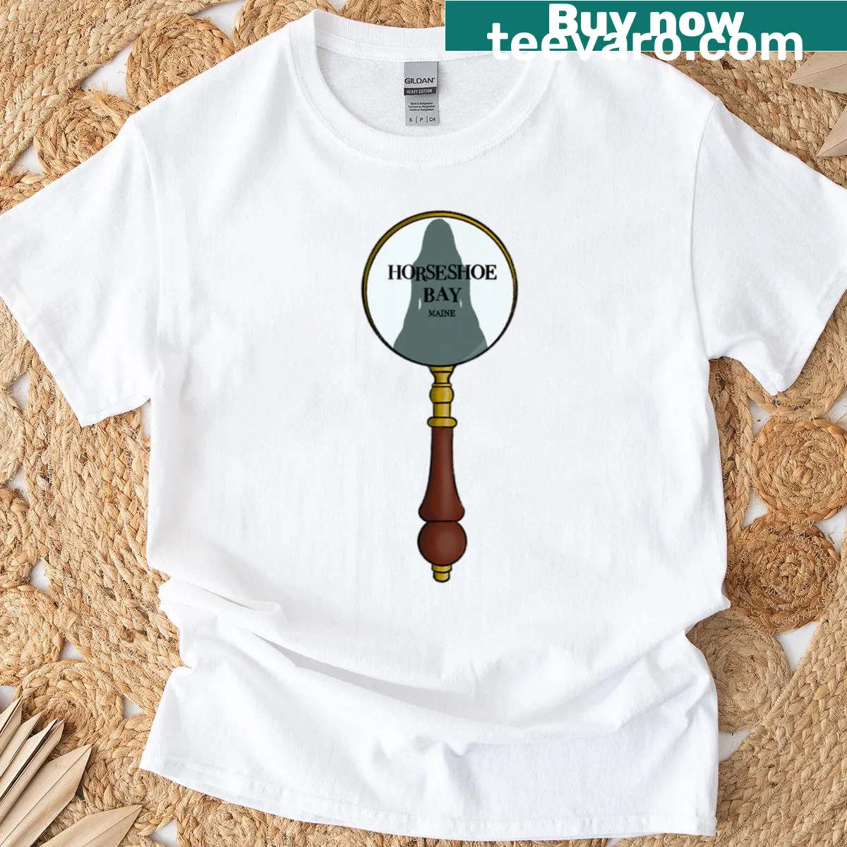 Horseshoe Bay design with a magnifying glass illustration on oversized t-shirt — on a men's t-shirt
