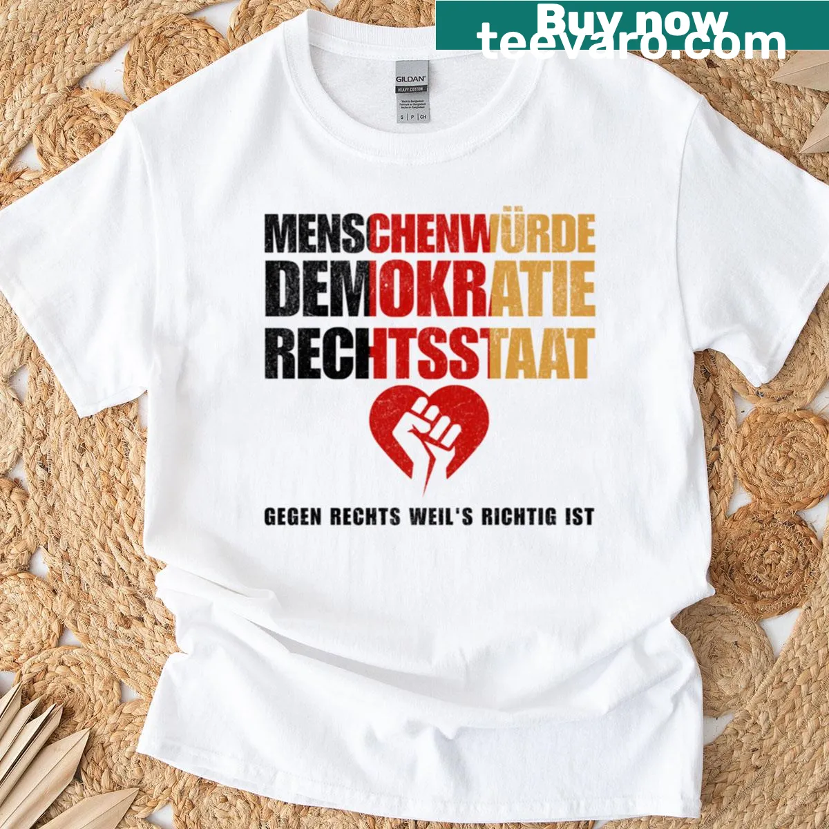 Statement T-shirt featuring the phrase about democracy and human dignity. — on a men's t-shirt