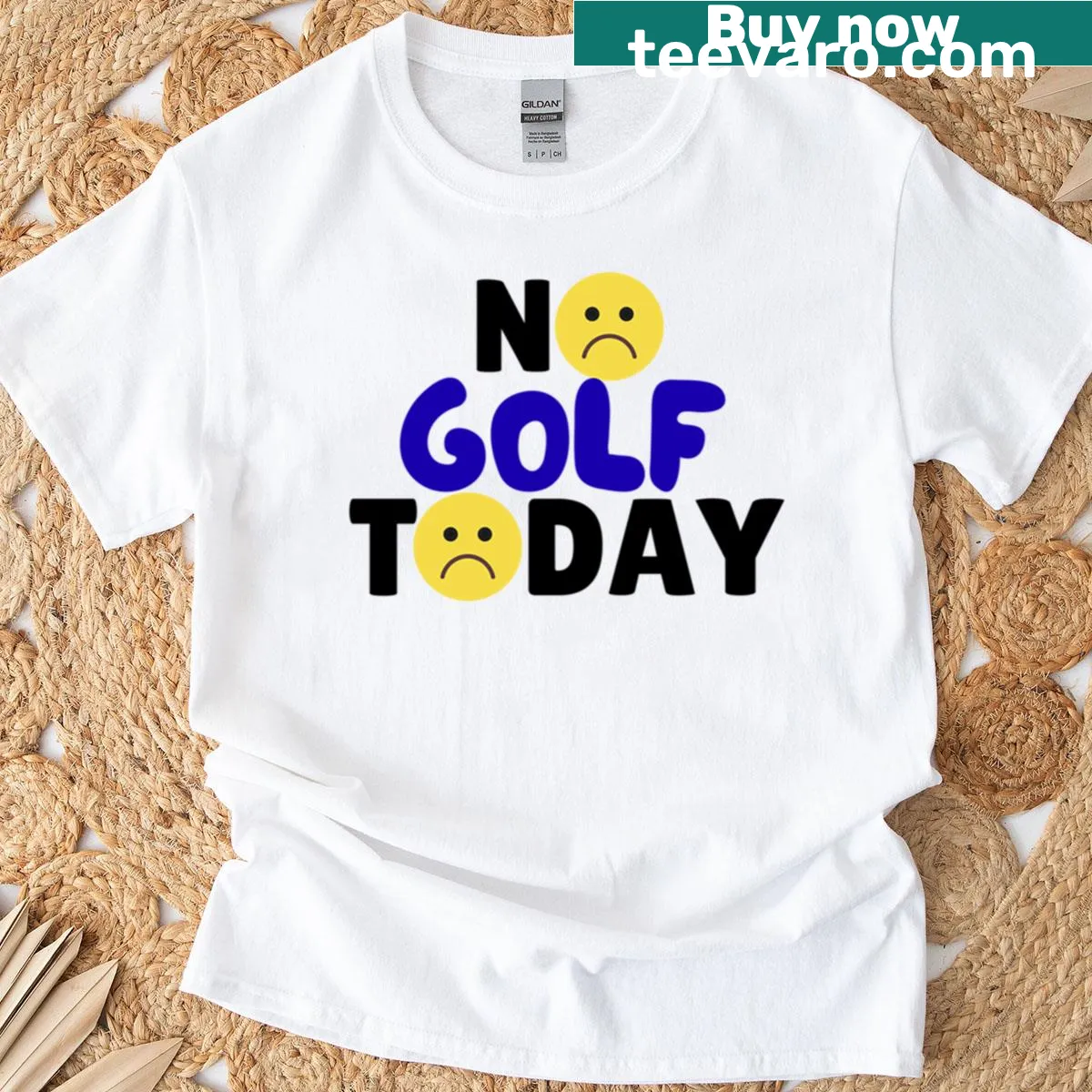 Funny golf t-shirt with upset emoji and 'No Golf Today' phrase — on a men's t-shirt
