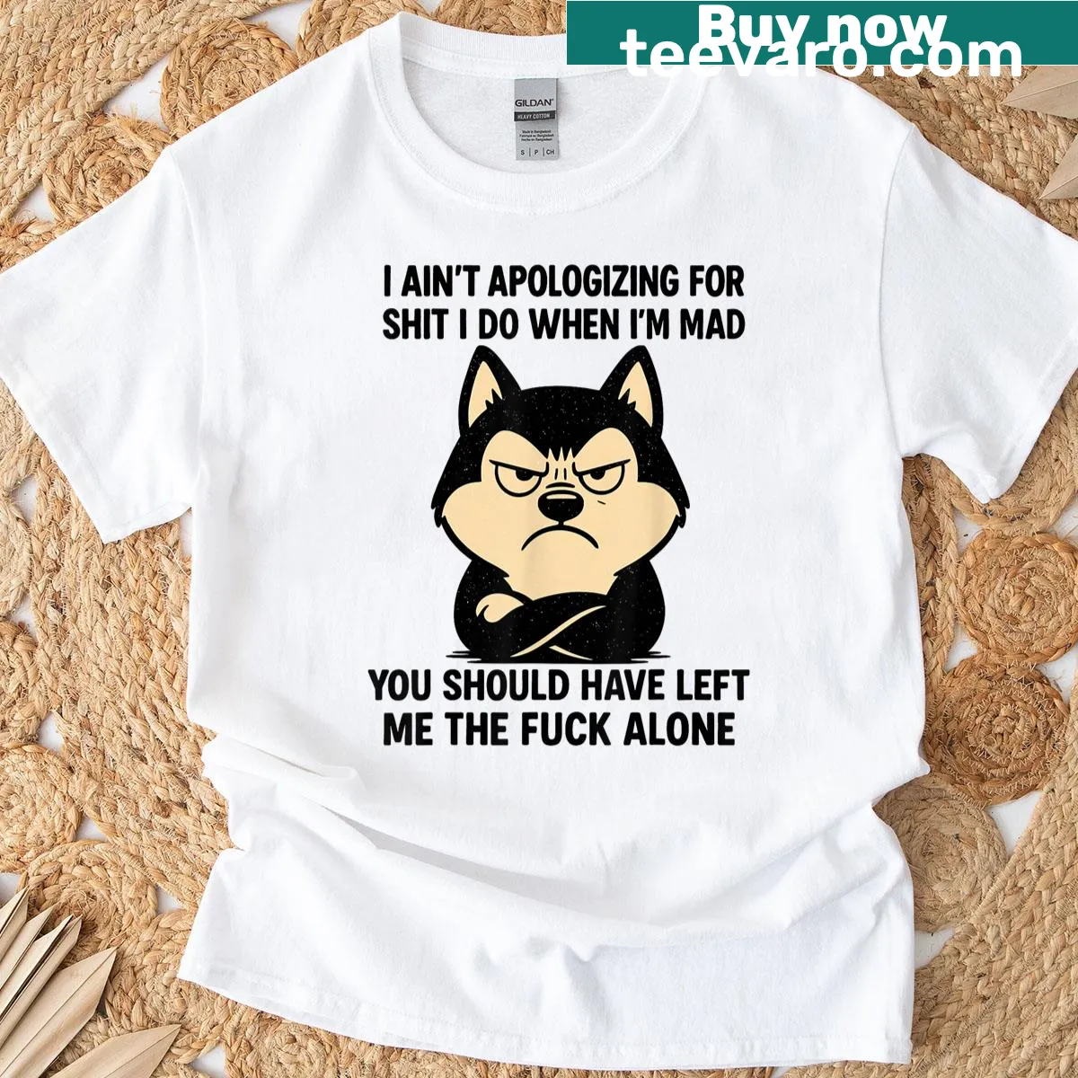 Bold Husky dog t-shirt with the phrase about anger and humor — on a men's t-shirt