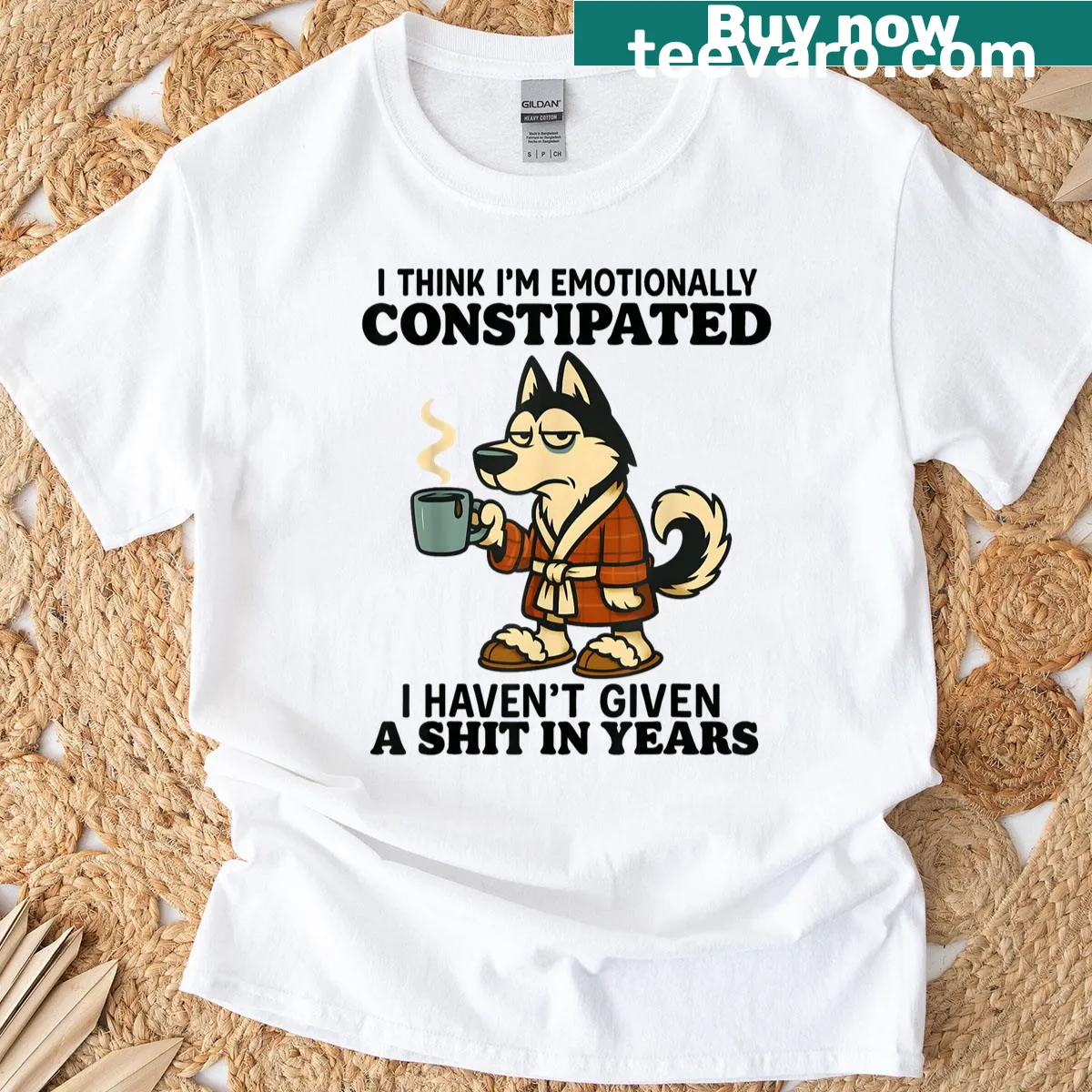 Funny t-shirt featuring a husky and the phrase 'I Think I'm Emotionally Constipated' — on a men's t-shirt