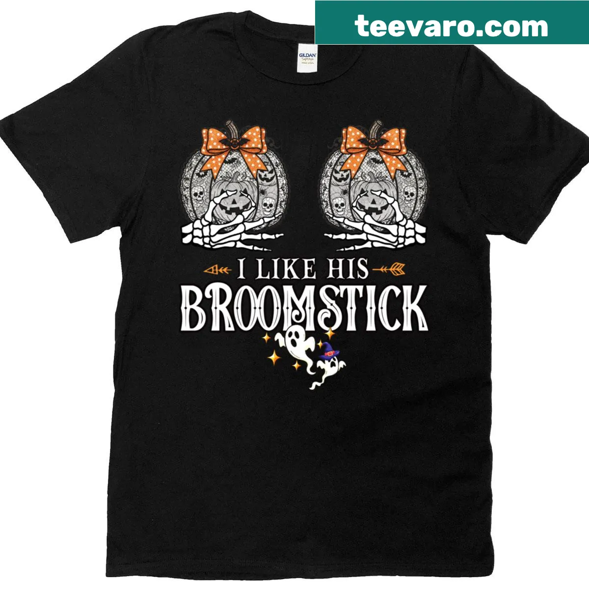 Couples Halloween T-shirt with broomstick and pumpkin illustrations — on a men's t-shirt