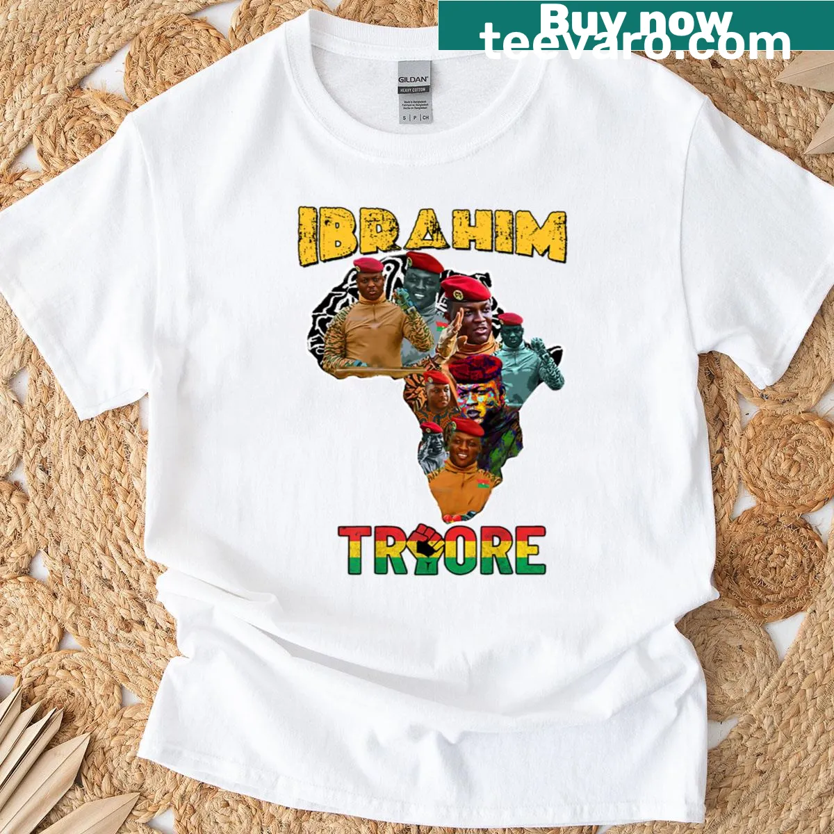 T-shirt with a collage of Ibrahim Traore and a Pan African map — on a men's t-shirt