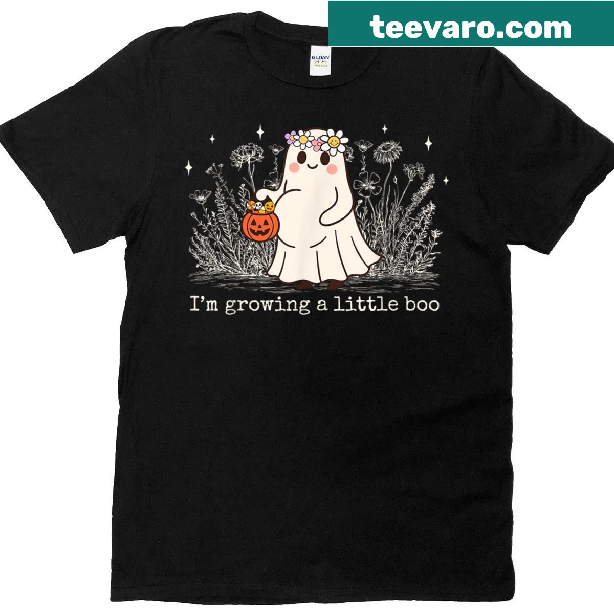 Halloween-themed pregnancy announcement t-shirt with whimsical text — on a men's t-shirt