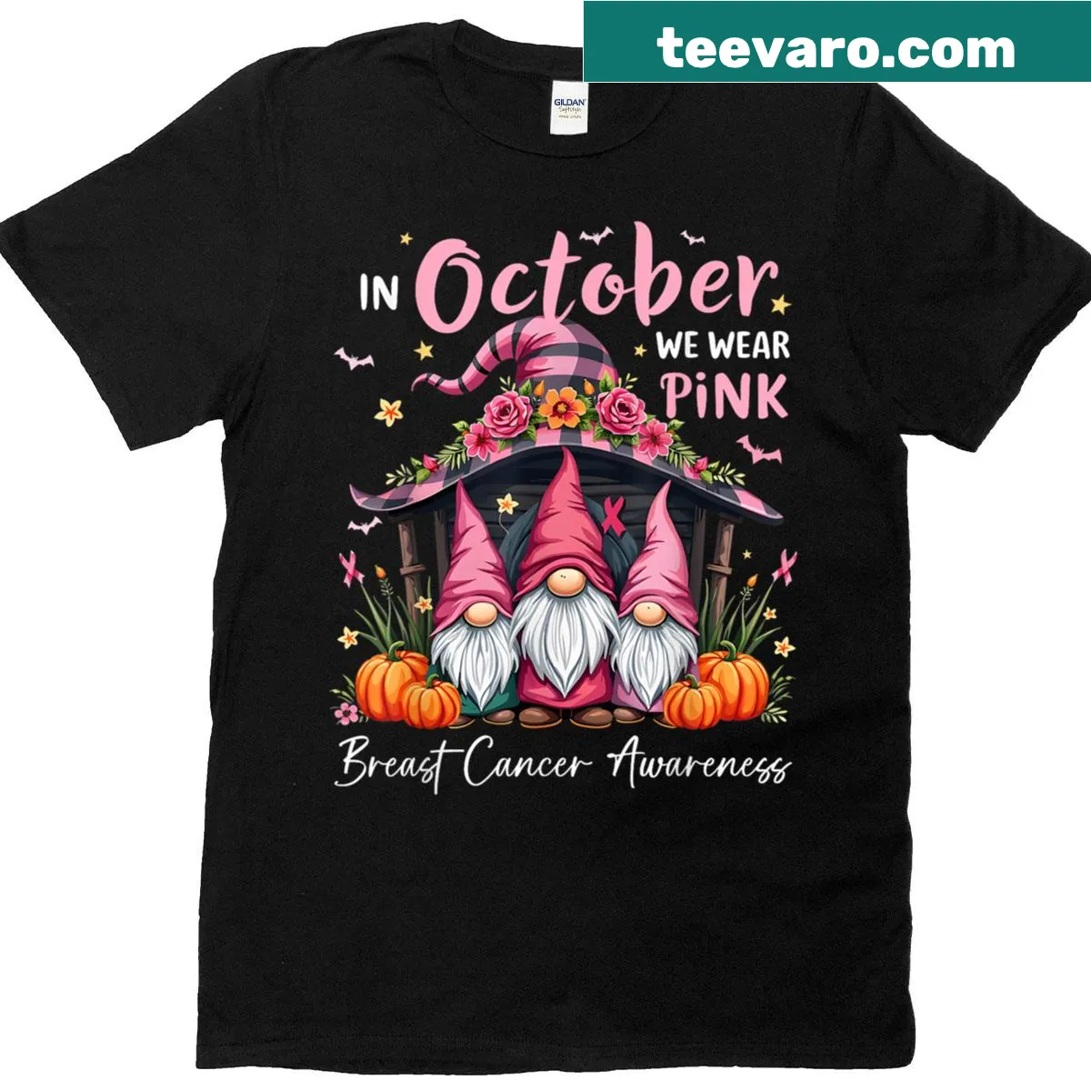 Women's t-shirt featuring a gnome and pink ribbon illustration. — on a men's t-shirt