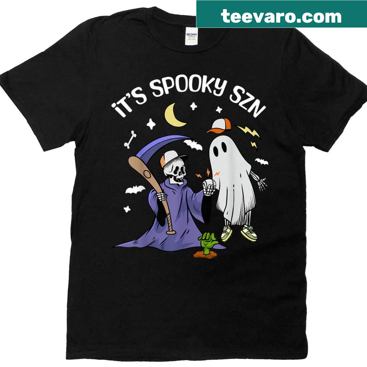 Playful T-shirt featuring a skeleton playing baseball for Halloween — on a men's t-shirt