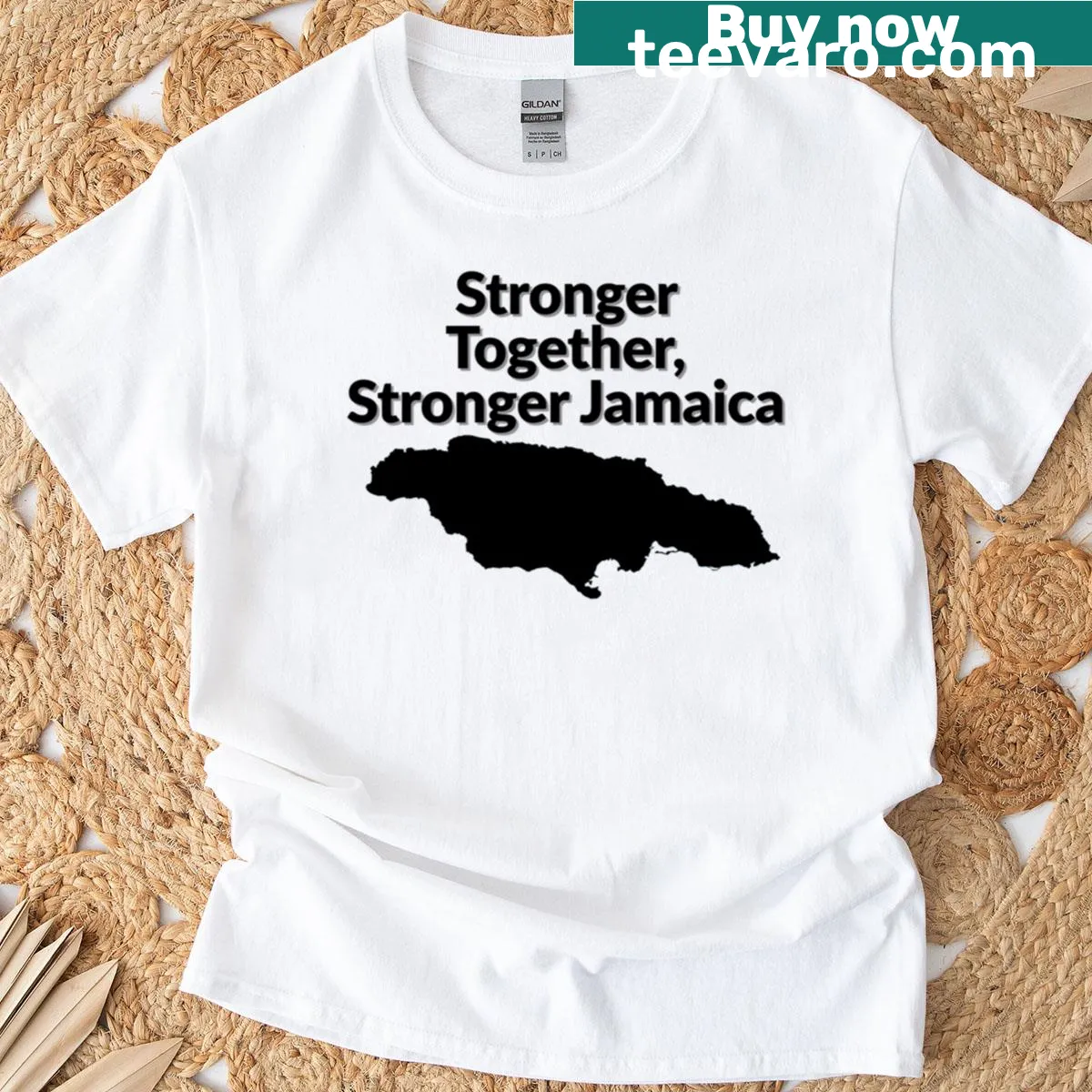 T-shirt featuring the outline silhouette of Jamaica map design. — on a men's t-shirt
