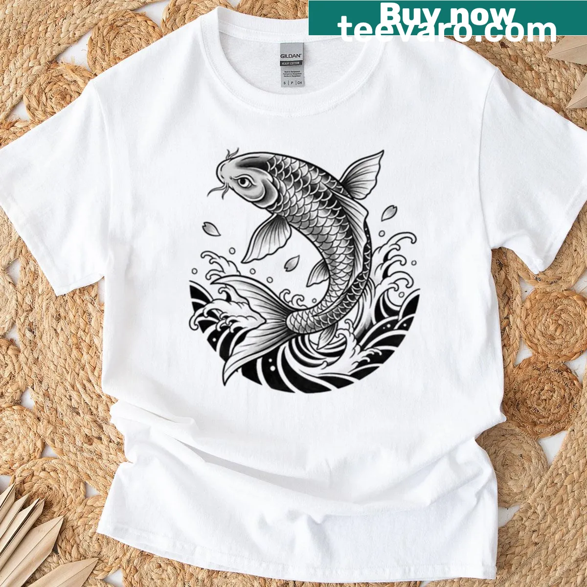 Oversized T-shirt with Japanese koi fish ink wash illustration. — on a men's t-shirt
