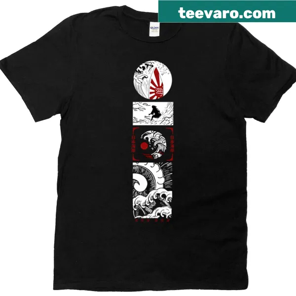 T-shirt featuring an illustration of Japanese waves and surfing
