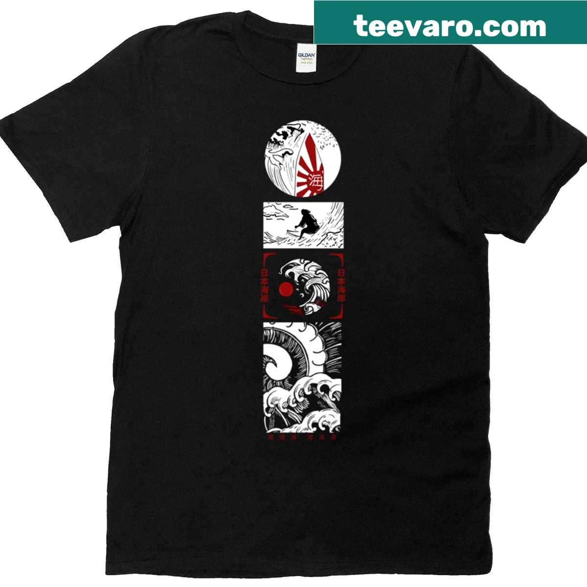 T-shirt featuring an illustration of Japanese waves and surfing — on a men's t-shirt