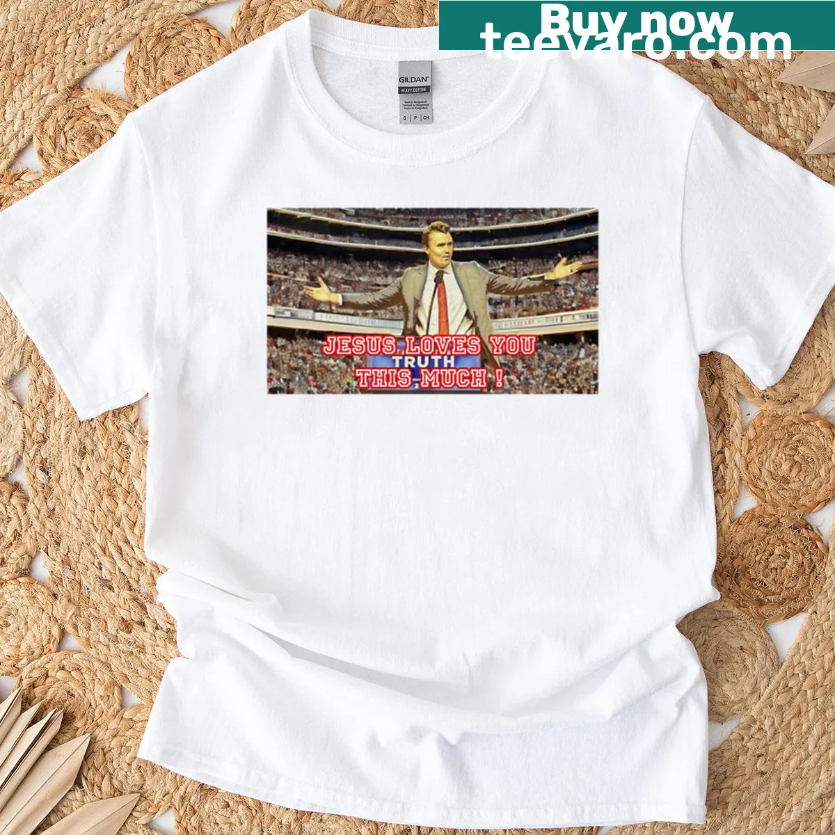 T-shirt with 'Jesus Loves You This Much' text and graphic — on a men's t-shirt
