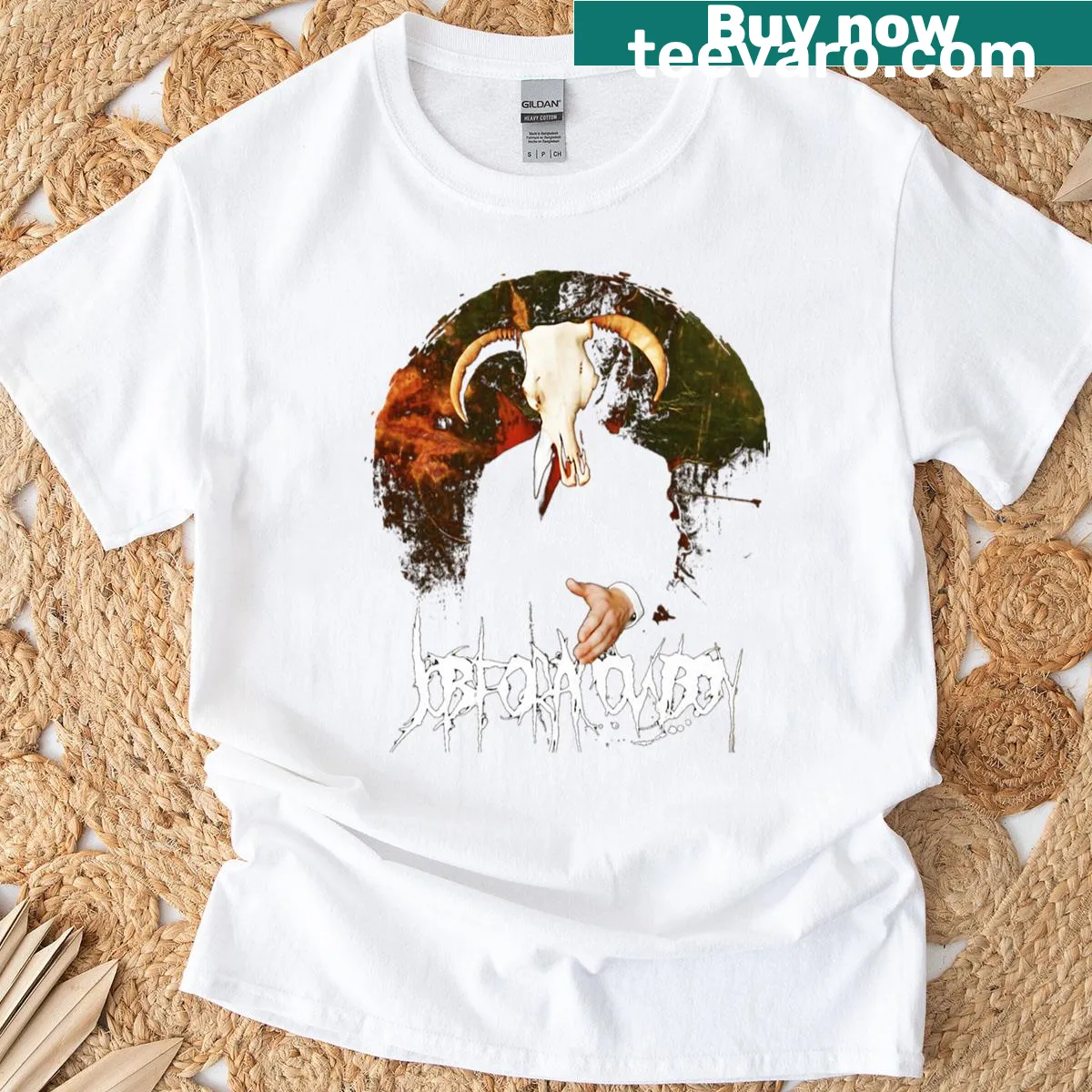 Job For A Cowboy band graphic t-shirt with bold design — on a men's t-shirt