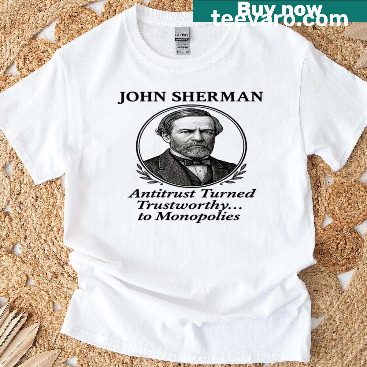 Oversized t-shirt featuring satirical text about John Sherman and antitrust laws — on a men's t-shirt