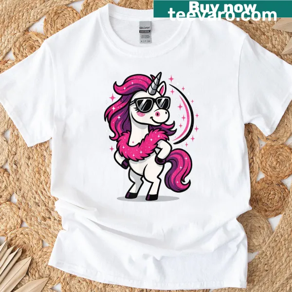 Cartoon unicorn graphic on a fun T-shirt