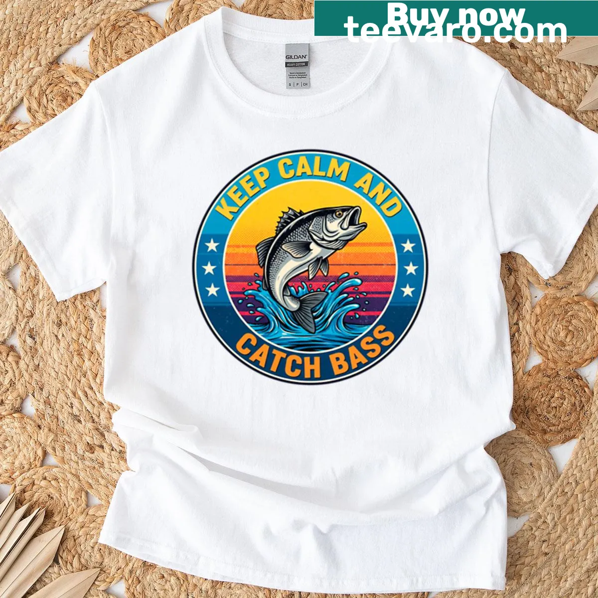 Funny oversized T-shirt featuring 'Keep Calm And Catch Bass' fishing quote. — on a men's t-shirt