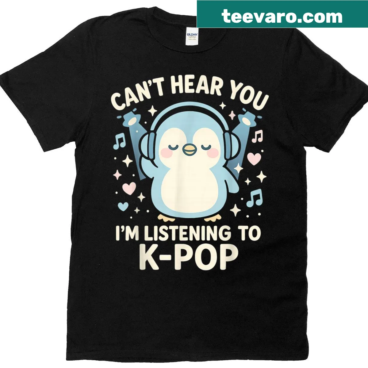 Kawaii penguin t-shirt with concert theme — on a men's t-shirt
