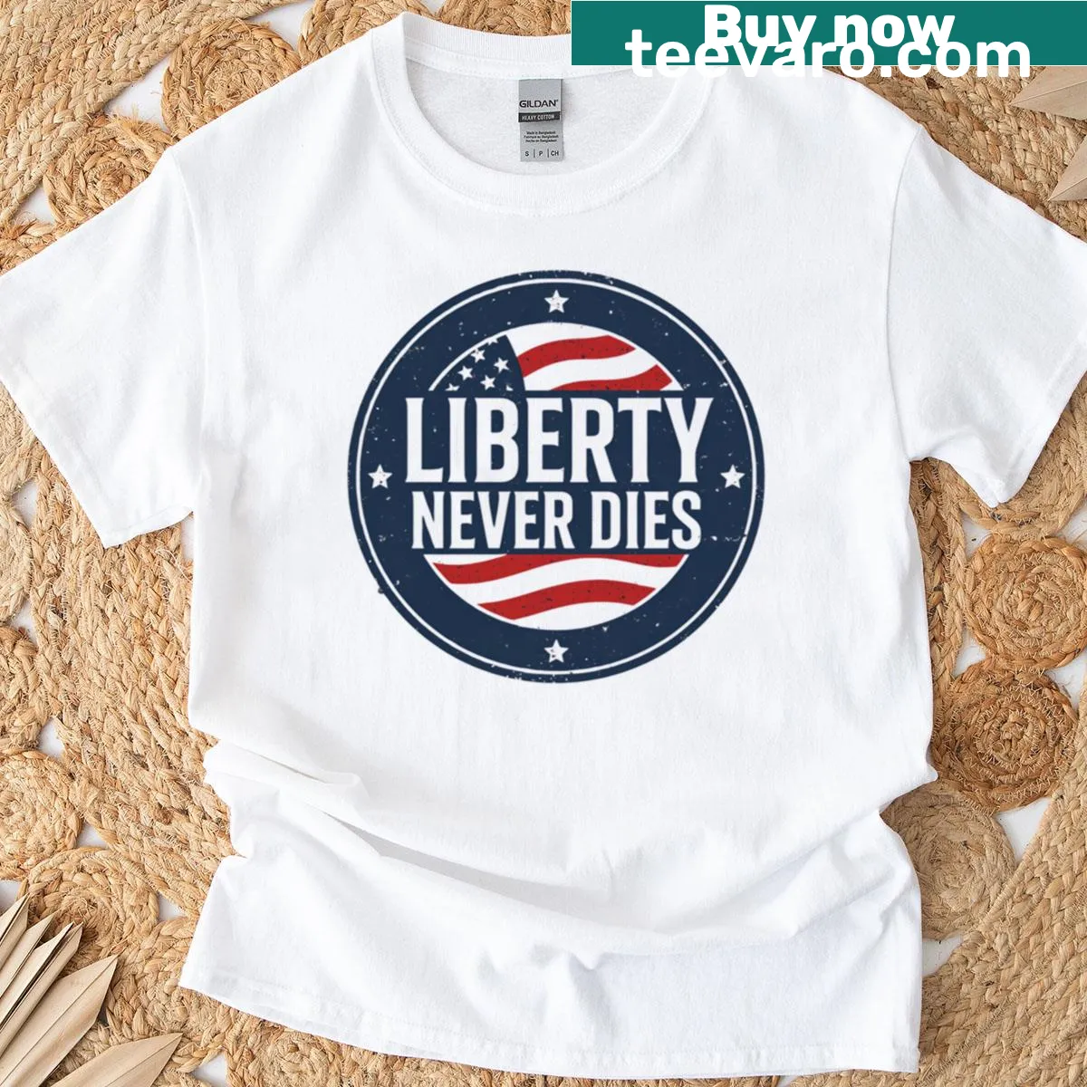 Oversized tribute T-shirt featuring the phrase 'Liberty Never Dies' with bold imagery — on a men's t-shirt