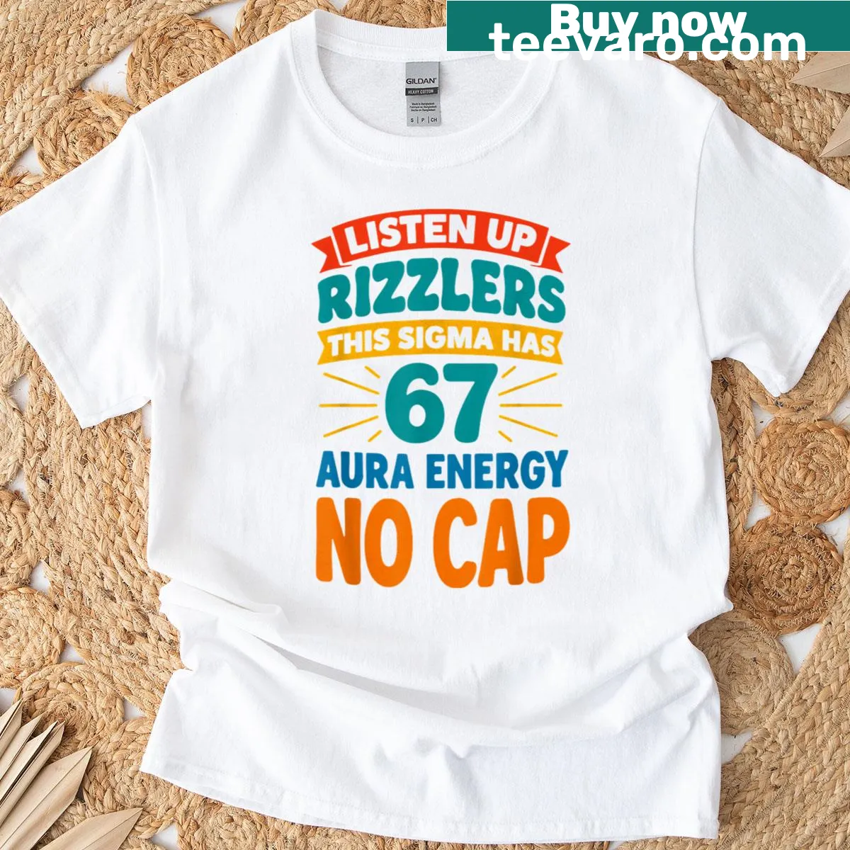 Humorous T-shirt featuring the phrase 'Listen Up Rizzlers' with playful typography. — on a men's t-shirt