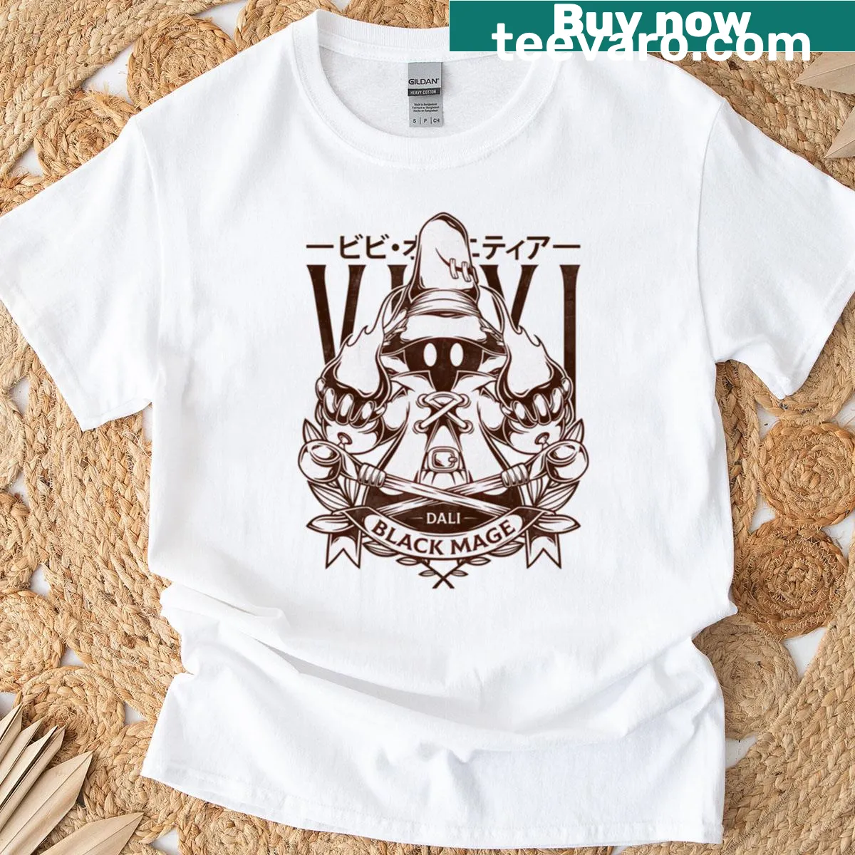 Adorable T-shirt featuring a whimsical black mage character. — on a men's t-shirt
