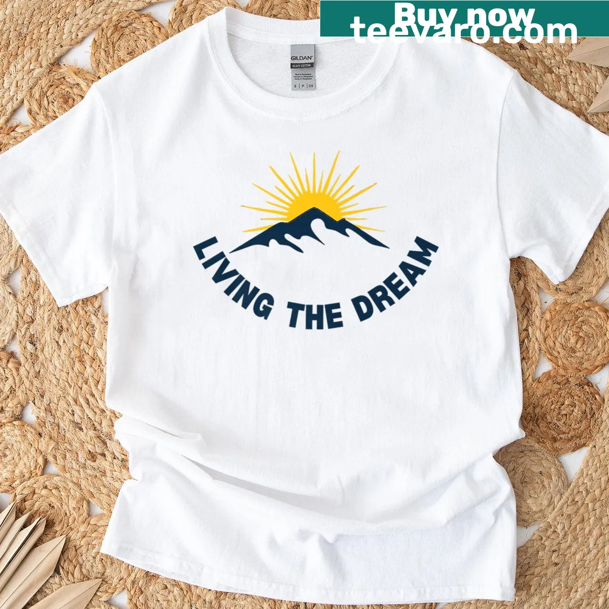 Typography shirt with the quote 'Living The Dream.' — on a men's t-shirt
