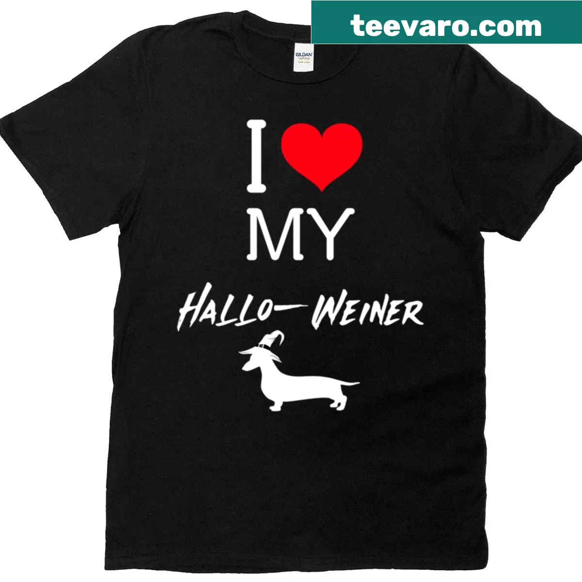 Funny Halloween t-shirt featuring a dachshund with 'Love My Hallo-weiner' text — on a men's t-shirt