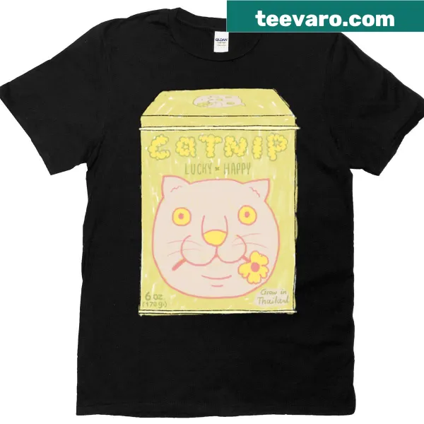 Cute cartoon t-shirt featuring a happy cat with catnip