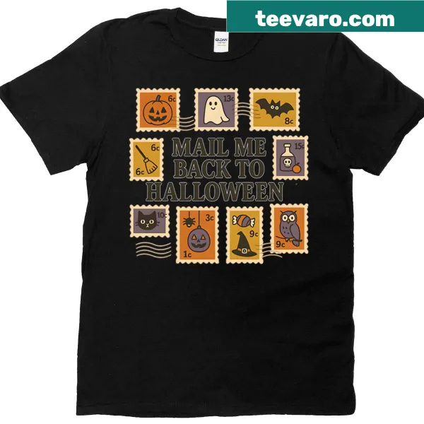 Retro Halloween postage stamp collage graphic on a t-shirt