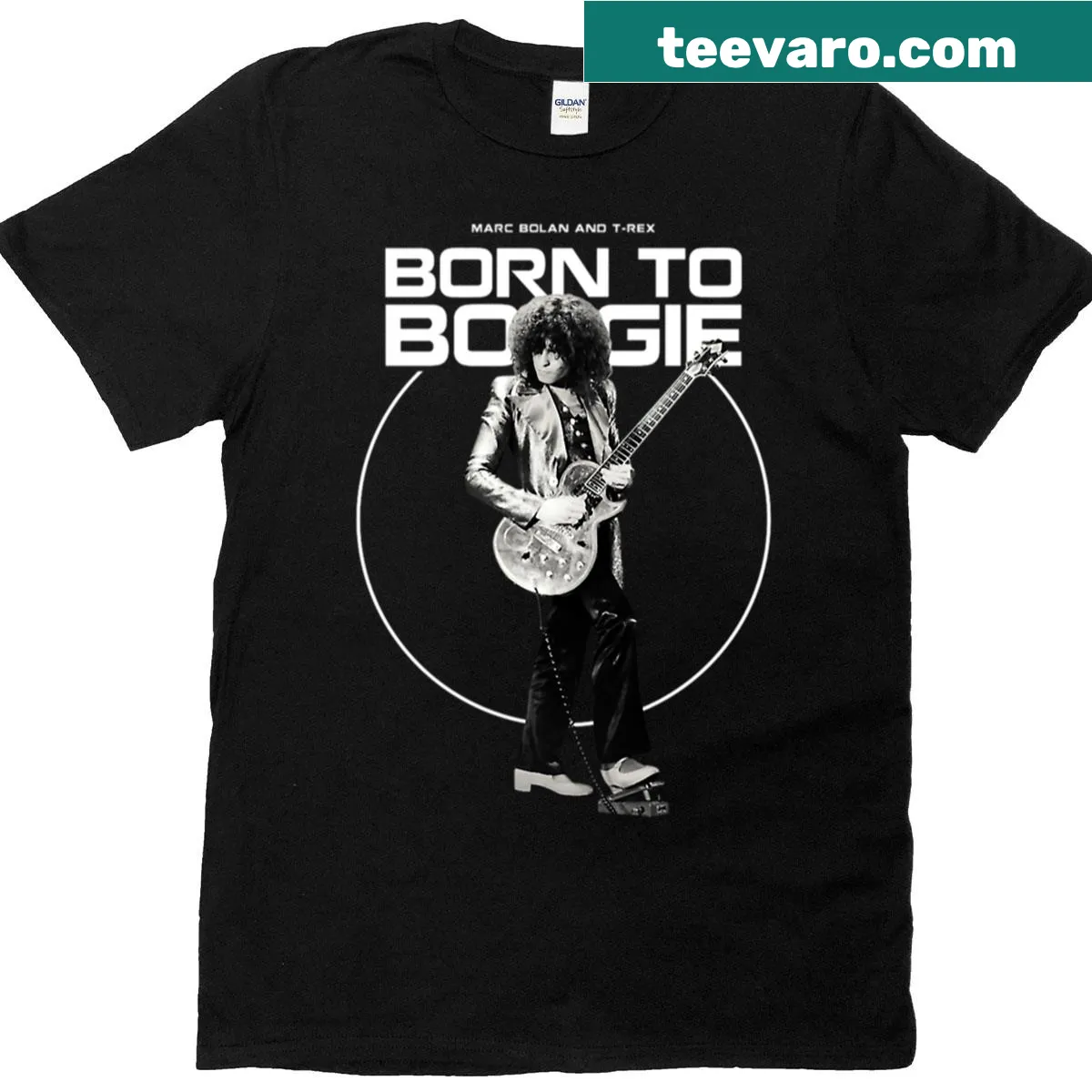 Tribute t-shirt featuring Marc Bolan illustration — on a men's t-shirt
