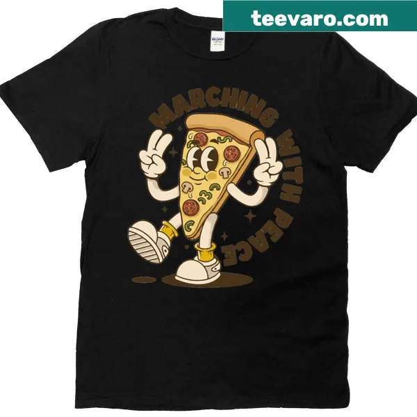 Retro pizza slice cartoon marching with a peace symbol