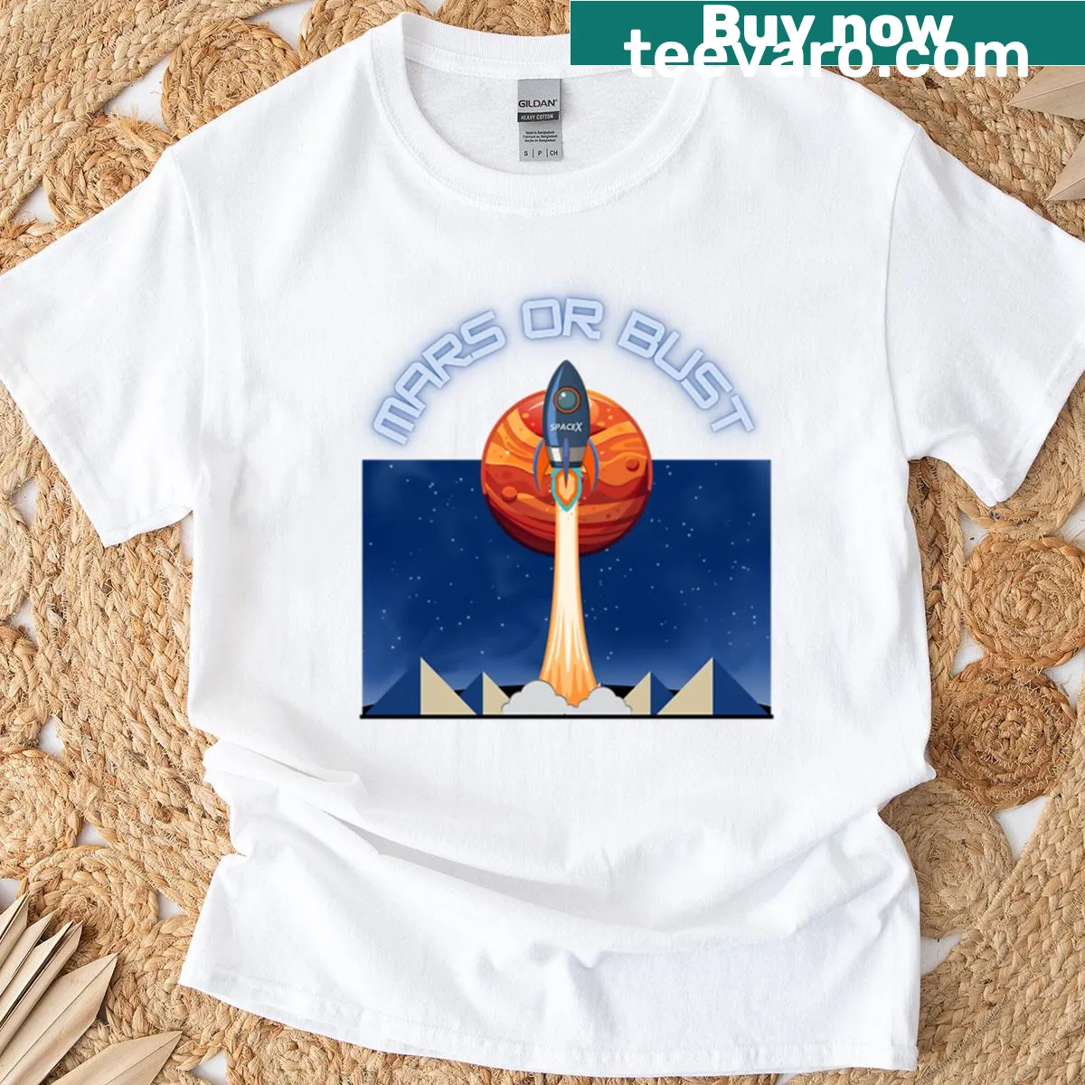 Rocket graphic T-shirt inspired by SpaceX and Mars exploration — on a men's t-shirt