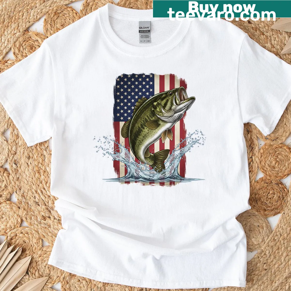 T-shirt featuring an illustration of a bass and American flag — on a men's t-shirt