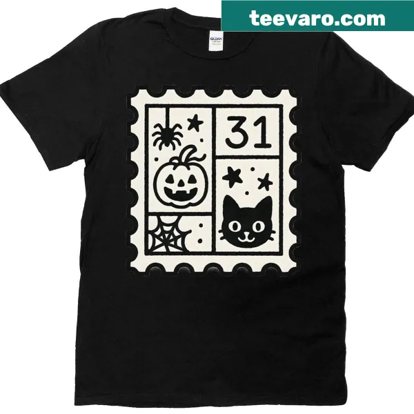 Minimalist Halloween-themed t-shirt with a pumpkin, cat, and spider design.