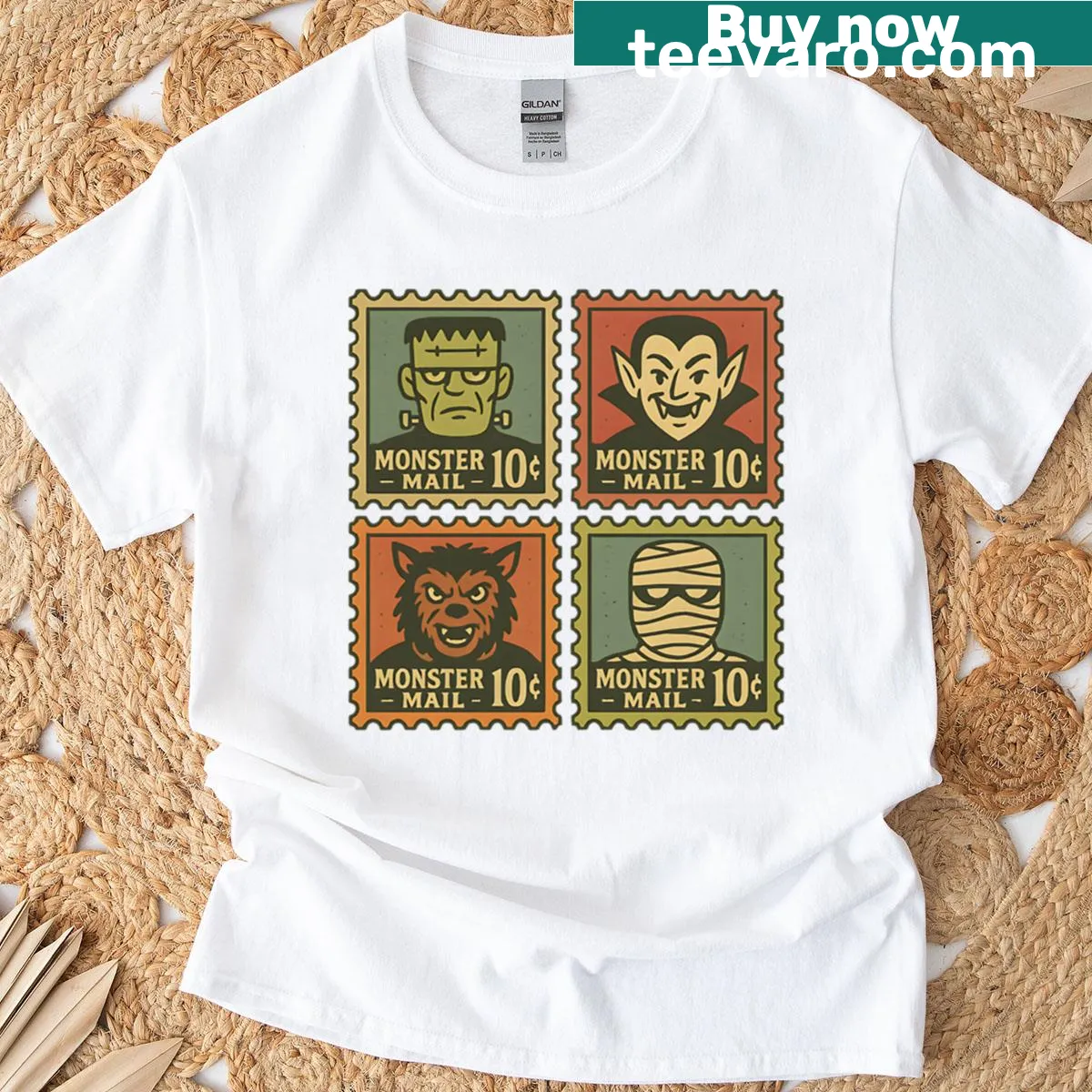 Retro Halloween T-shirt with vintage monster stamp design — on a men's t-shirt