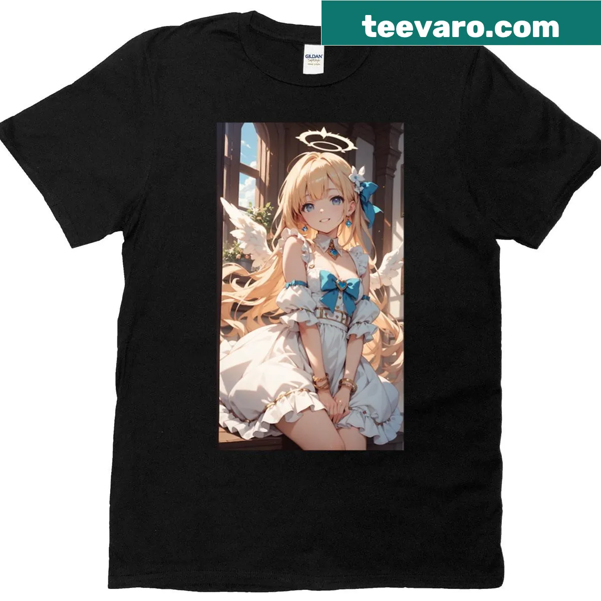 Illustration of a radiant blonde angel with a blue ribbon — on a men's t-shirt
