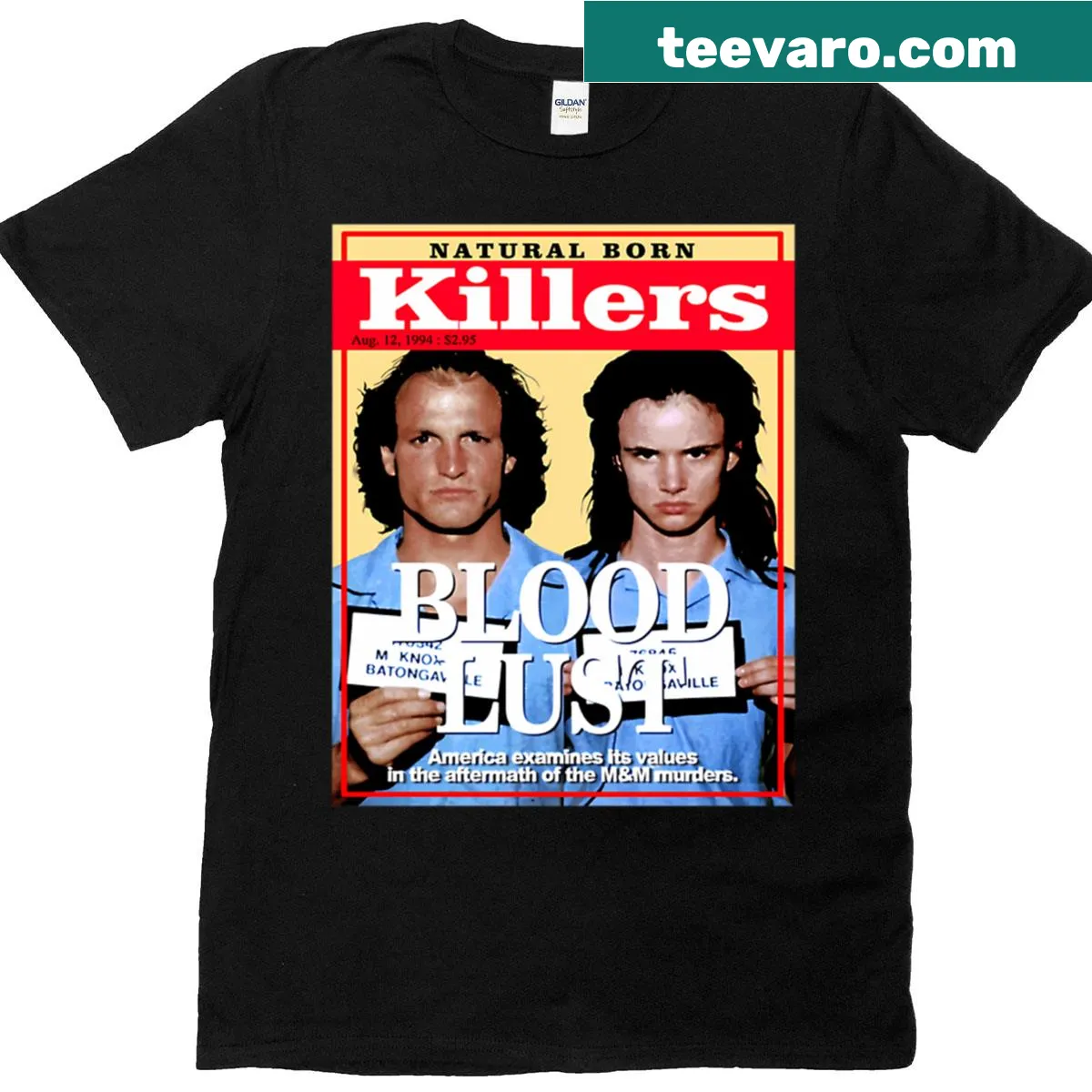 Boxy T-shirt inspired by Natural Born Killers with bold graphic text — on a men's t-shirt