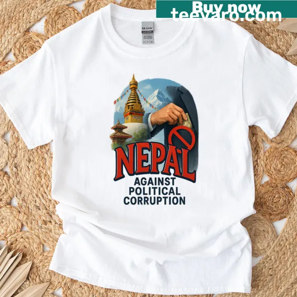 T-shirt featuring stupa and Himalayan imagery against corruption