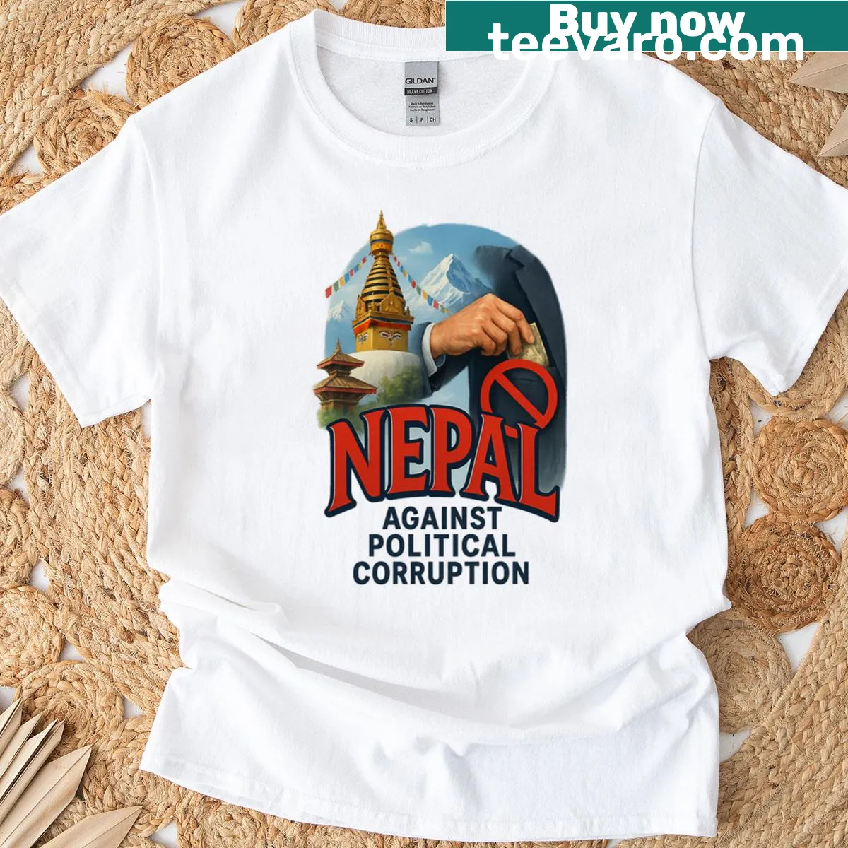 T-shirt featuring stupa and Himalayan imagery against corruption — on a men's t-shirt